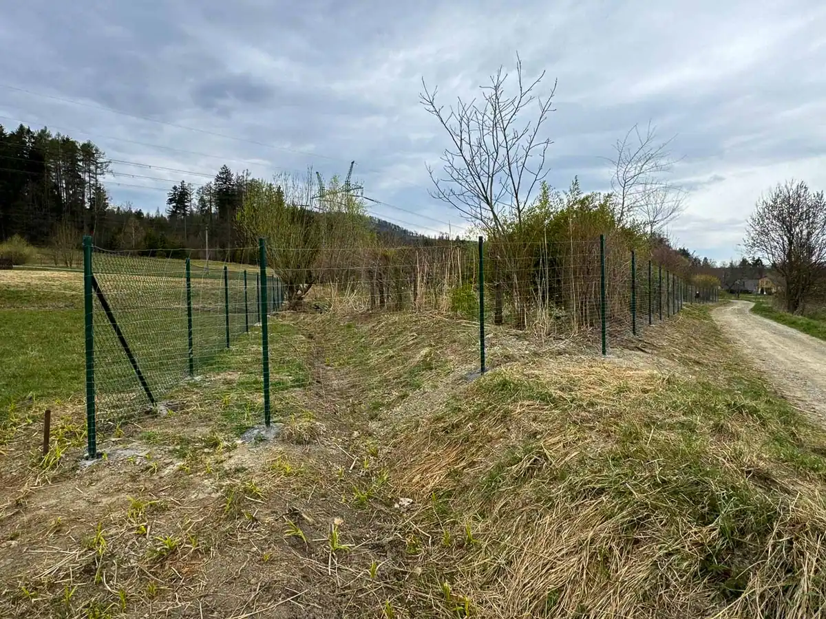 Čtyřhranné pletivo vedené po hraně příkopu podél polní cesty v Jablunkově, 2026